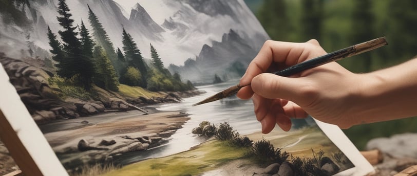 A person is painting with watercolors on a piece of paper. Various painting supplies are visible, including a palette with multiple watercolor paints, paintbrushes, and cups filled with water. The table is covered with a floral-patterned cloth.