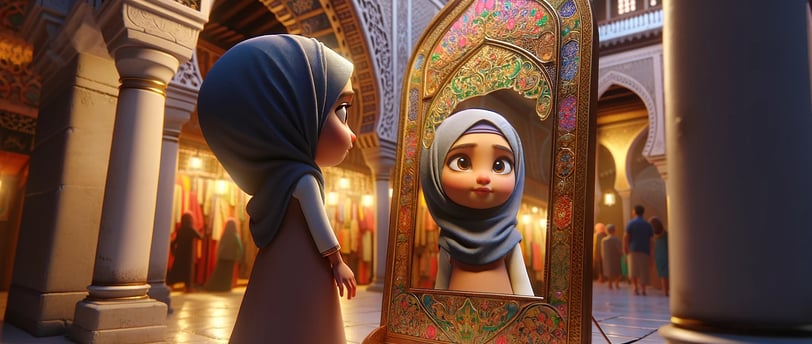 Amina wearing hijab looking at mirror