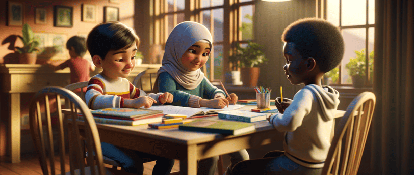 a group of children sitting at a table