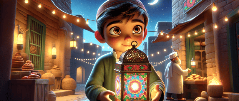 Ahmed holding a lantern in a street
