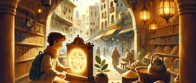 a young boy in the ancient city of Medina, surrounded by old bookshops and spice stalls. The boy is