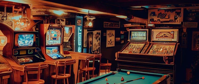 Caves Man, Man Caves, Ultimate Man Cave. Pool table with arcade machines.