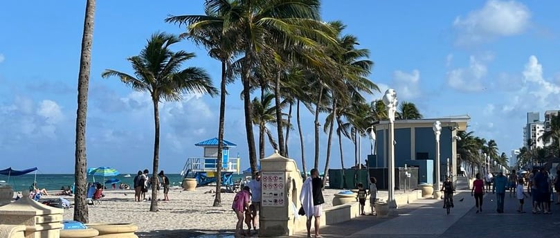 a beach with palm trees and people walking on the beach