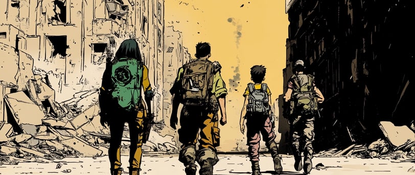 a family walking down a street in a ruined city