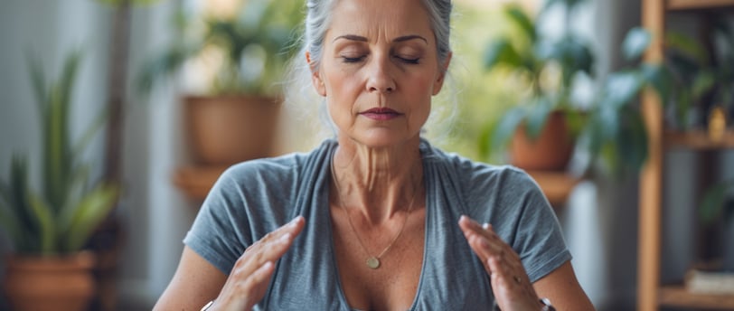 une femme en chemise grise fait du yoga