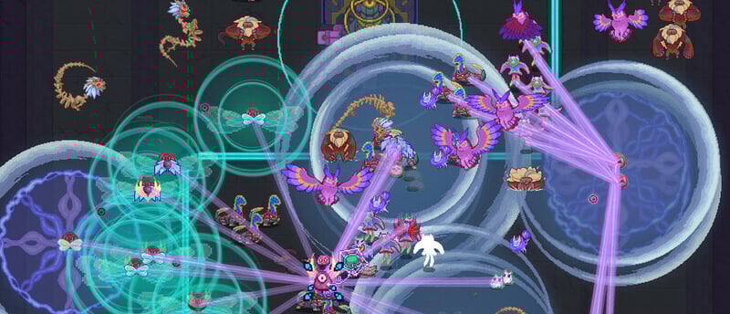 A chaotic sci-fi battle in *Bioweaver*, featuring biomechanical creatures and intense energy attacks