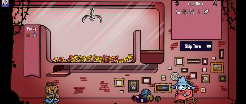 Retro-style claw machine RPG battle scene with a feline warrior and a blue elder in a cozy room.
