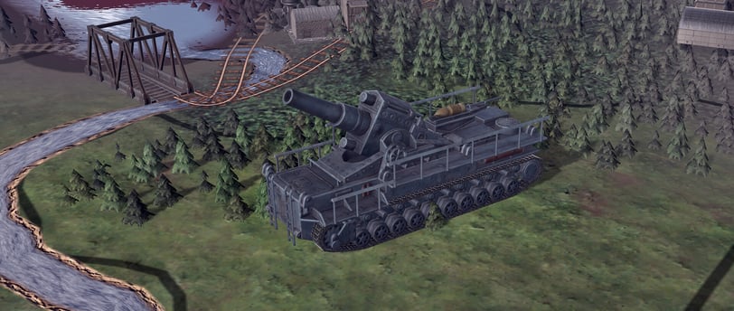 A massive railway artillery cannon stationed near a river, ready for action in Hearts of Iron IV.