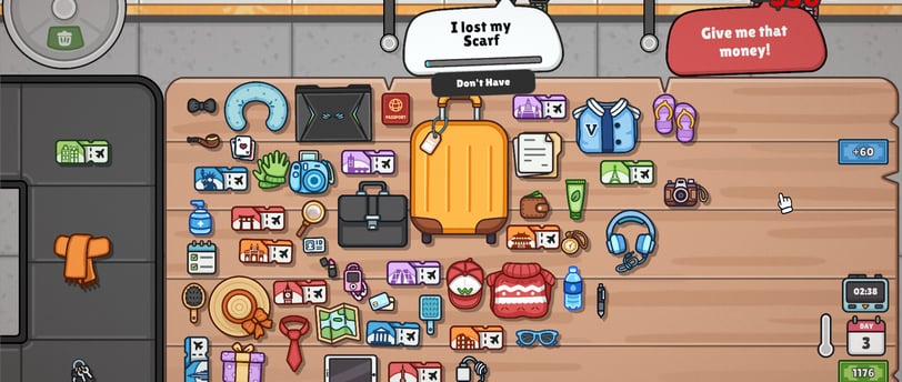 Airport lost and found game interface with various items scattered on a wooden table.