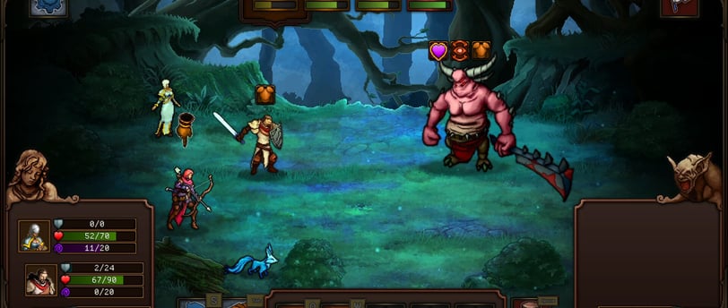Turn-based RPG battle in a dark forest with adventurers fighting a horned demon boss.