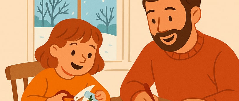 A playful digital illustration of a child and parent at a kitchen table crafting a garden layout usi