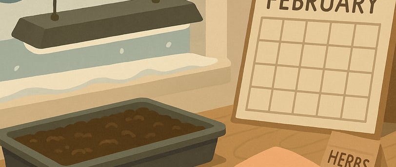 A cozy indoor gardening scene featuring seed trays under grow lights, a labeled calendar for Februar