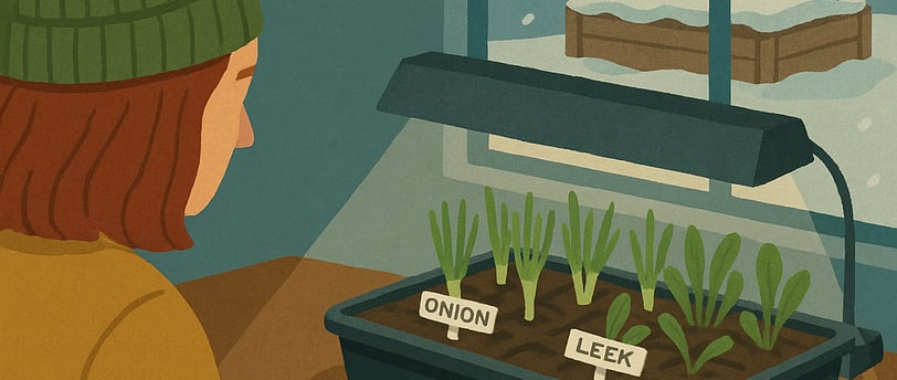 A cozy, stylized digital illustration showing a gardener at a table planning their garden with seed