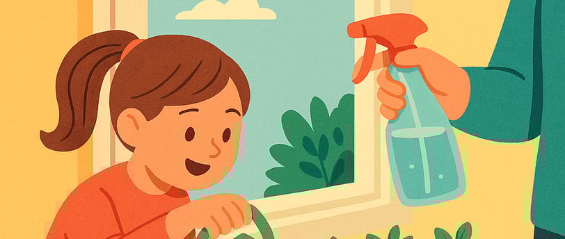 A bright, cozy digital illustration of a child standing at a sunny windowsill, watering a small herb