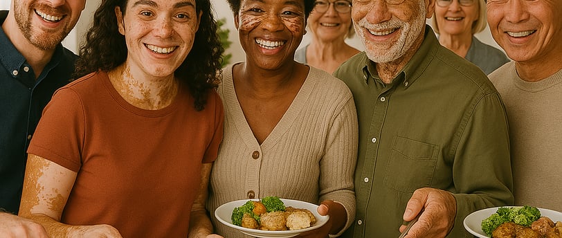 a group of people standing around a buffet