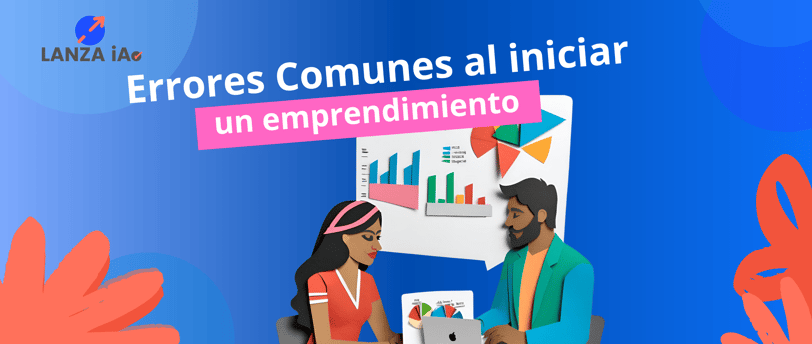 Pareja de jóvenes discutiendo los errores comunes que se cometen al iniciar un emprendimiento. Con gráficas.