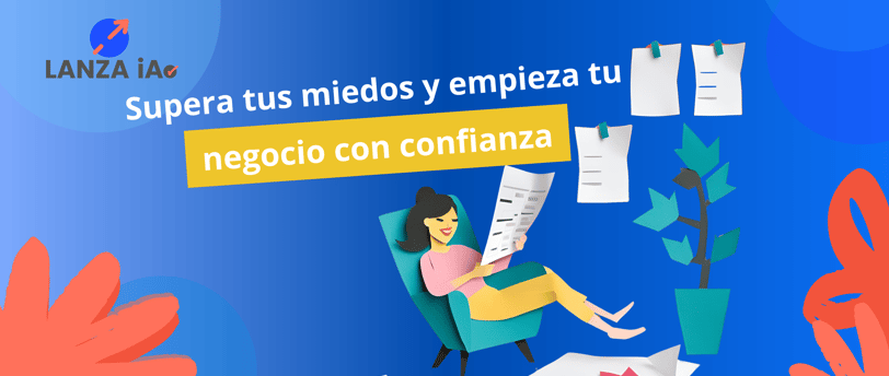 Ilustración mujer leyendo ideas de negocio  con el mensaje "Supera tus miedos y empieza tu negocio con confianza"