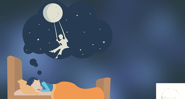 illustration naive, personne dormant dans un lit sous la lune