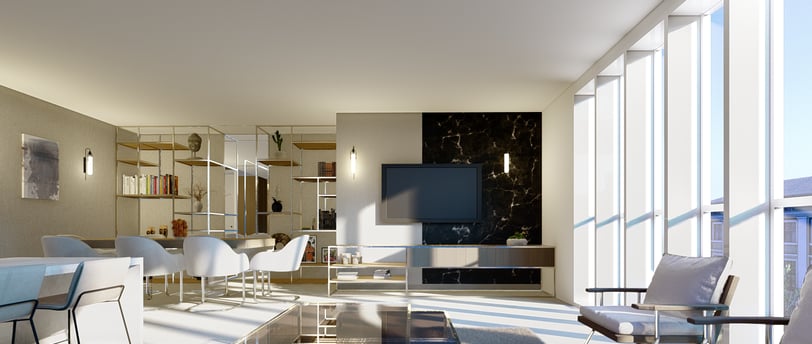Living room interior design. luxury interior design with modern material. lighting and furnishing of tv room and dinning area