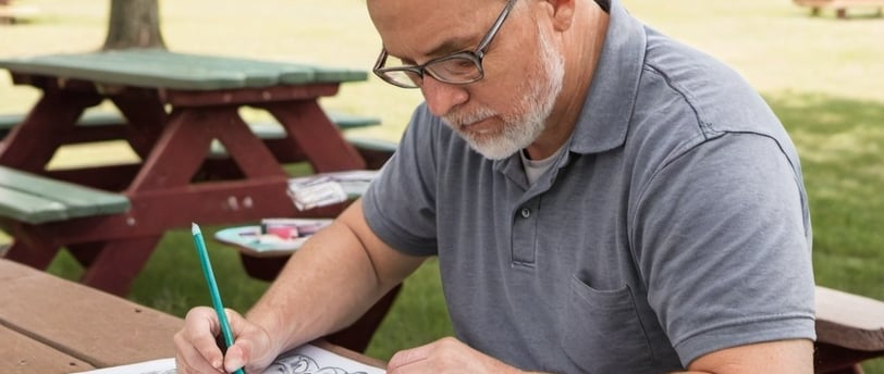 a man sitting at a picnic table with a coloring book