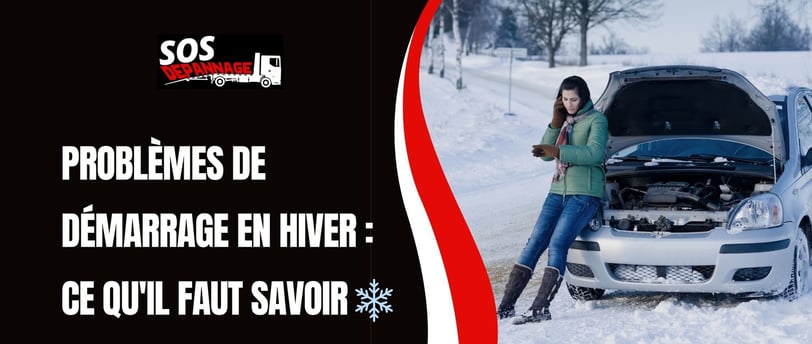 Femme en panne de voiture en hiver
