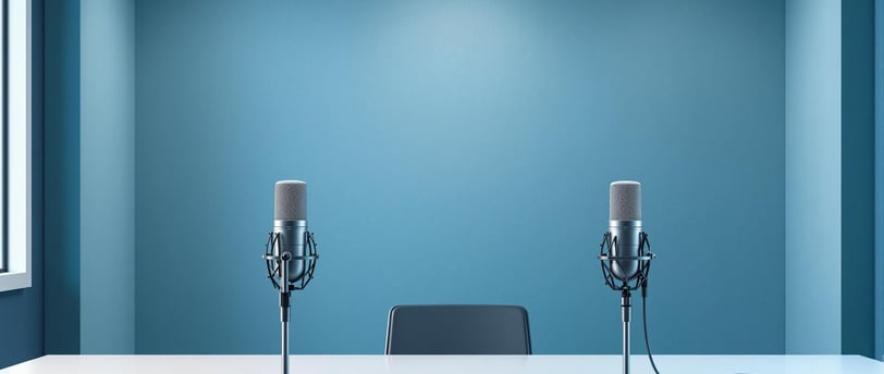 two podcast micrphones in front of a blue wall on  table with a chair between them