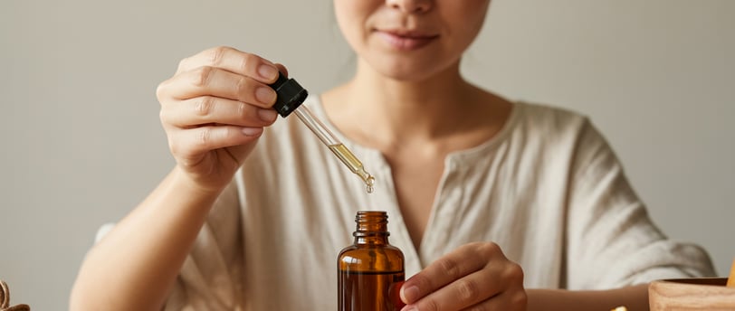 Người phụ nữ Việt đang tự pha tinh dầu massage tại nhà với chai thủy tinh nâu