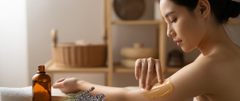 Người phụ nữ Việt đang dùng dầu massage toàn thân trong không gian spa ấm áp, gợi cảm giác thư giãn.