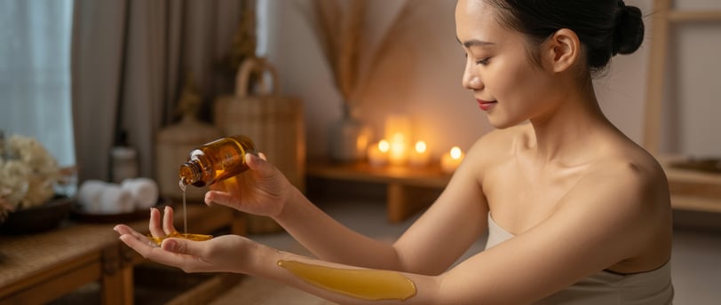 Người phụ nữ thư giãn cùng dầu massage toàn thân trong không gian ấm áp
