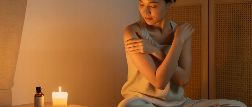 Người phụ nữ thư giãn tại nhà với dầu massage trong không gian ấm cúng