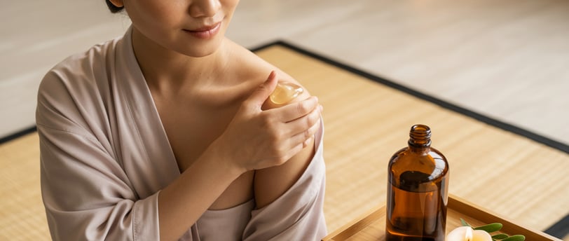 Người phụ nữ massage thư giãn cùng tinh dầu long não trong không gian spa ấm áp