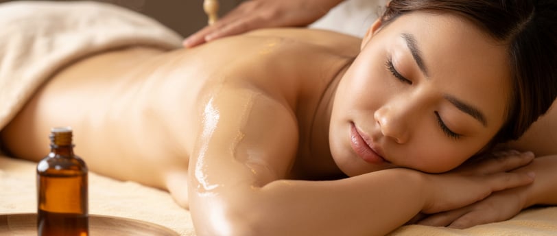 Người phụ nữ thư giãn với tinh dầu massage trong không gian spa ấm áp, gợi cảm giác chữa lành.