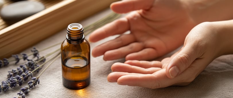 Chai tinh dầu massage nhỏ bên tay người thư giãn trong không gian spa nhẹ nhàng