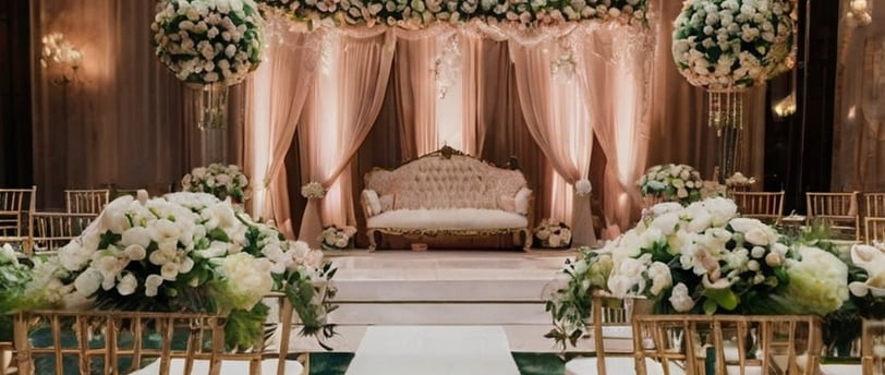 Take photos of elements from 10 of the latest wedding trends. Display trending wedding decorations, 