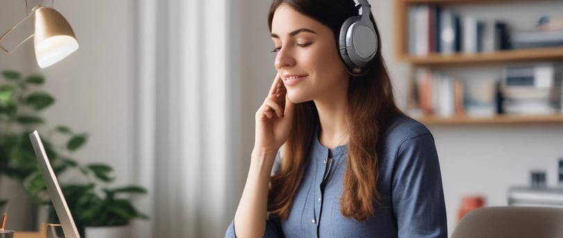 woman listening to binaural beats working at home