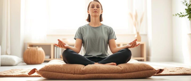 Mulher sentada de pernas cruzadas sobre uma almofada no chão. praticando meditação.
