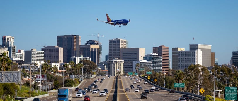 Southwest plane over a freeway