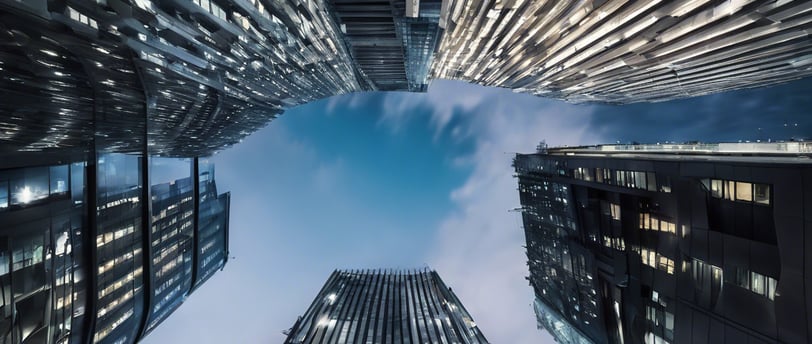 a view of a city skyline with financial skyscrapers
