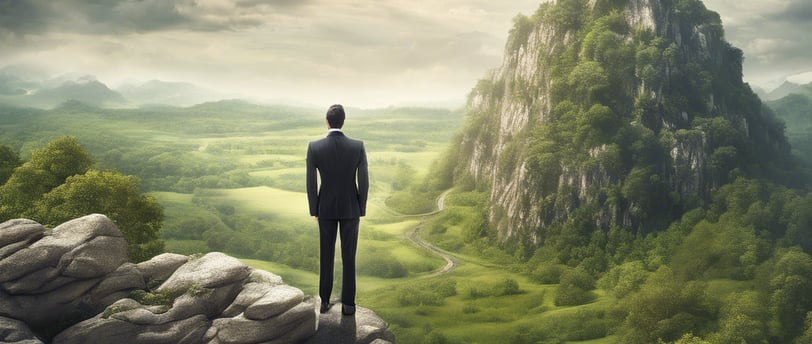um homem de terno parado em um penhasco com vista para um vale