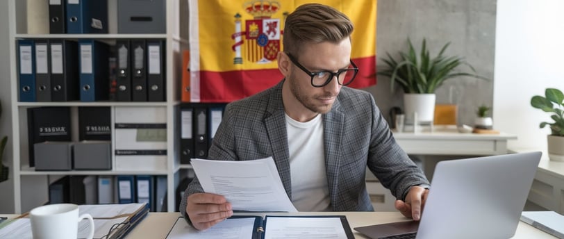 Fotografía de un emprendedor revisando documentos mientras trabaja en su laptop en una oficina