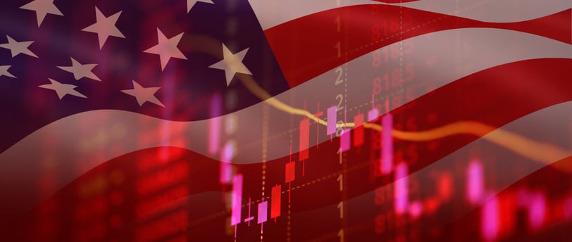 usa flag with red candlestick chart for a recession