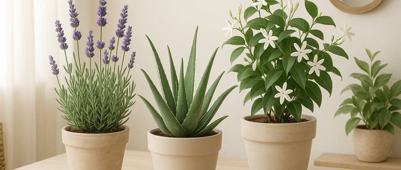 Image showing popular anti-stress plants (lavender, aloe vera, jasmine) arranged in a bright, zen-like home interior.