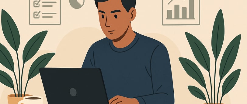 Illustration of a focused person at a computer, surrounded by zen elements and productivity tools.