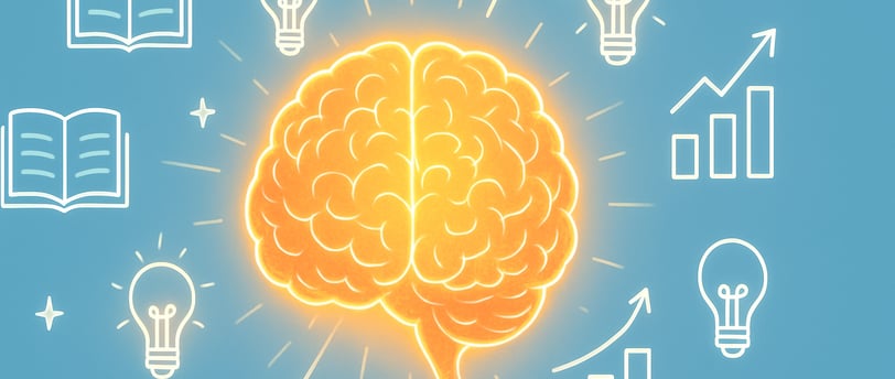 Illustration of a glowing brain surrounded by icons like books, lightbulbs, and rising arrows, symbolizing fast memory improv