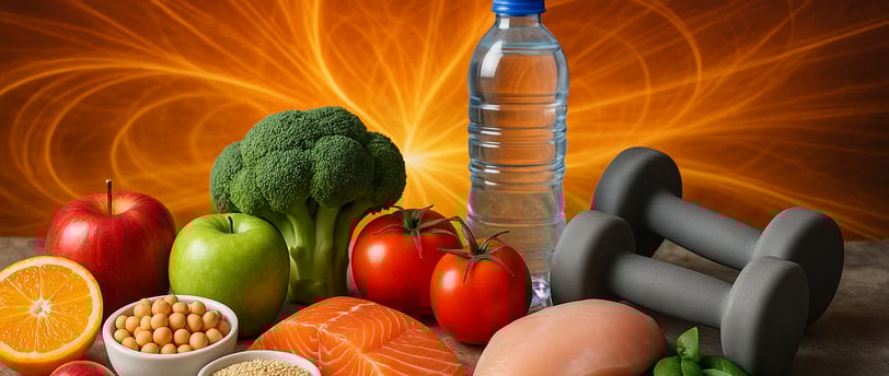 Illustration of healthy foods, dumbbells, and water bottle, symbolizing natural ways to boost metabolism and gain energy.