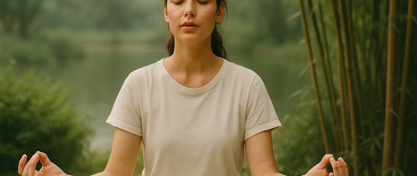 Image showing a person meditating, eyes closed, practicing deep breathing in a peaceful environment.