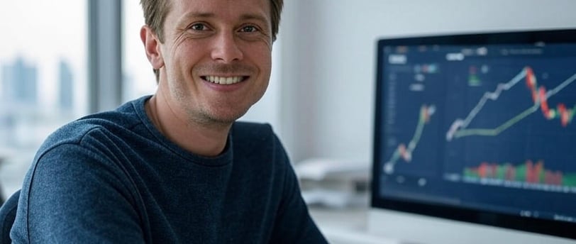 Smiling freelancer in front of a screen showing rising charts, symbolizing fast income growth.
