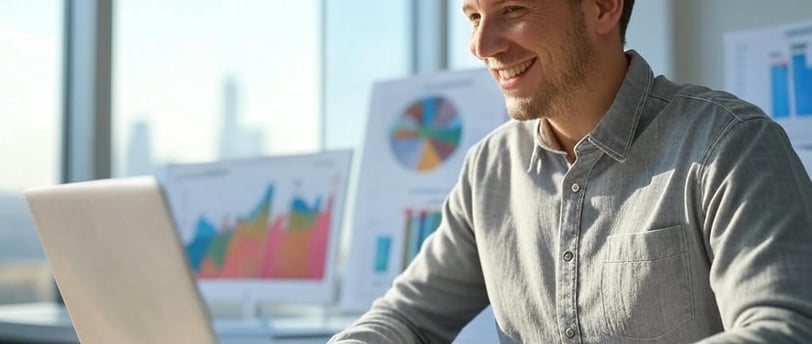 Illustration of a smiling freelancer at a laptop with rising income charts in 2025.