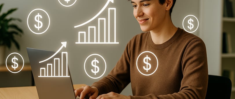 Illustration of a person sitting at a desk with a laptop and money bills floating around, representing multiple income stream