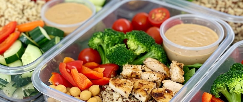 A close-up, high-angle shot shows multiple clear, rectangular meal prep containers stacked on top of each other. Each contain